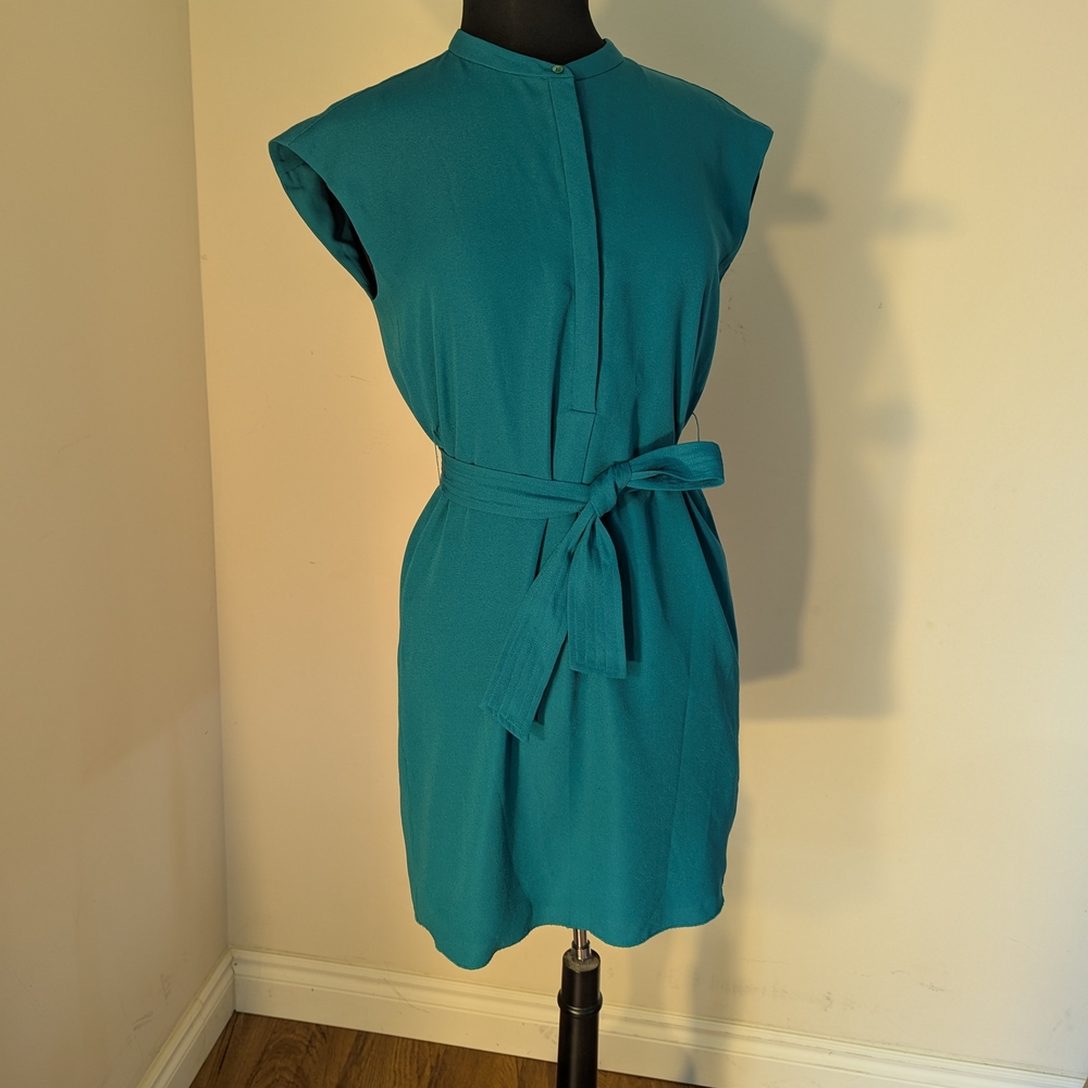 Aritzia Babaton Teal Belted Shift Dress Button Up Size Small